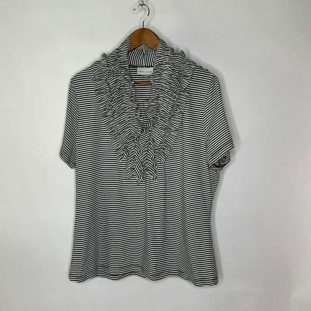 Soft Surroundings Pullover Shirt Women Sz S Black Stripes V Neck Ruffle Trim